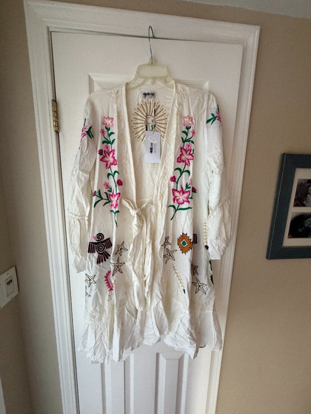 Handmade Embroidered ibBan Cream Mini Dress Cover Up Tie Front Floral Tribal